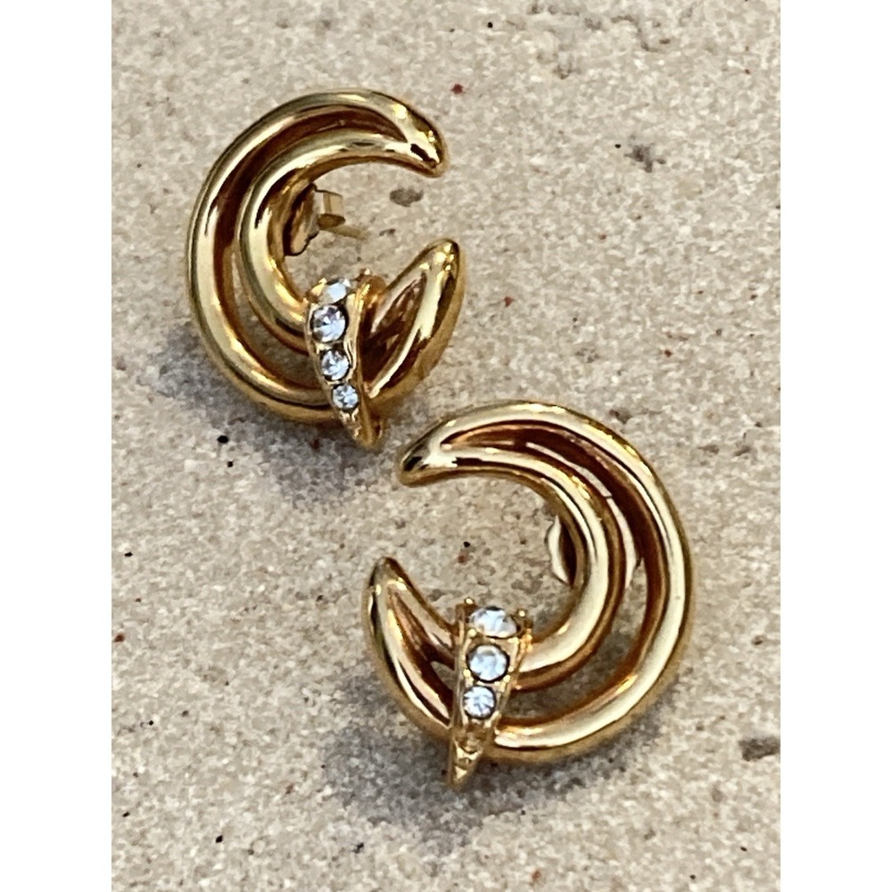 Vintage Gold Tone Crescent Hoop Earrings Clear Rhinestone Swirl Runway Glam